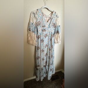 Vintage 70s Prairie Floral Boho Maxi Dress Lace Angel Sleeves Sz‎ Small